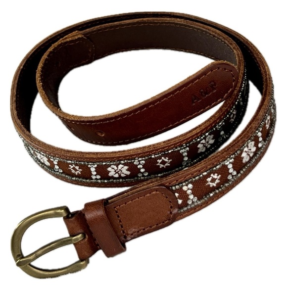 Leather Belt Western Boho Beaded Floral Brown Slim 38.5 x 1 Abercrombie & Fitch - Picture 1 of 15